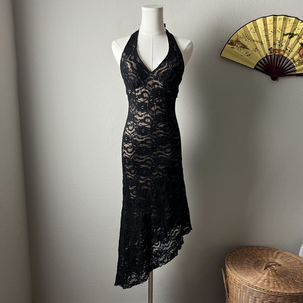 y2k vintage forever 21 black lace vampy goth halter asymmetrical midi dress